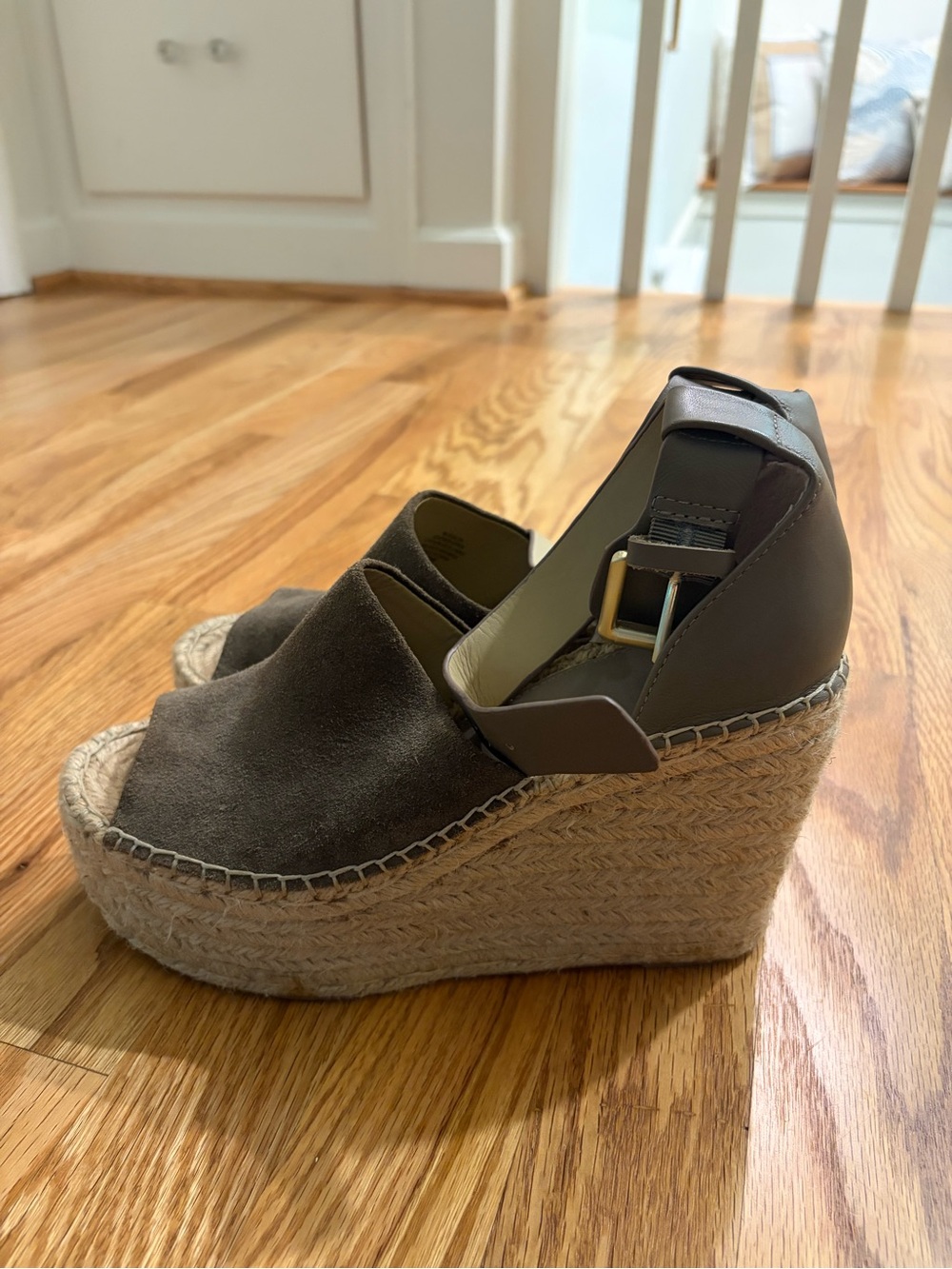 Marc Fisher Olive Suede Espadrille Wedge Sandals with Ankle Buckle